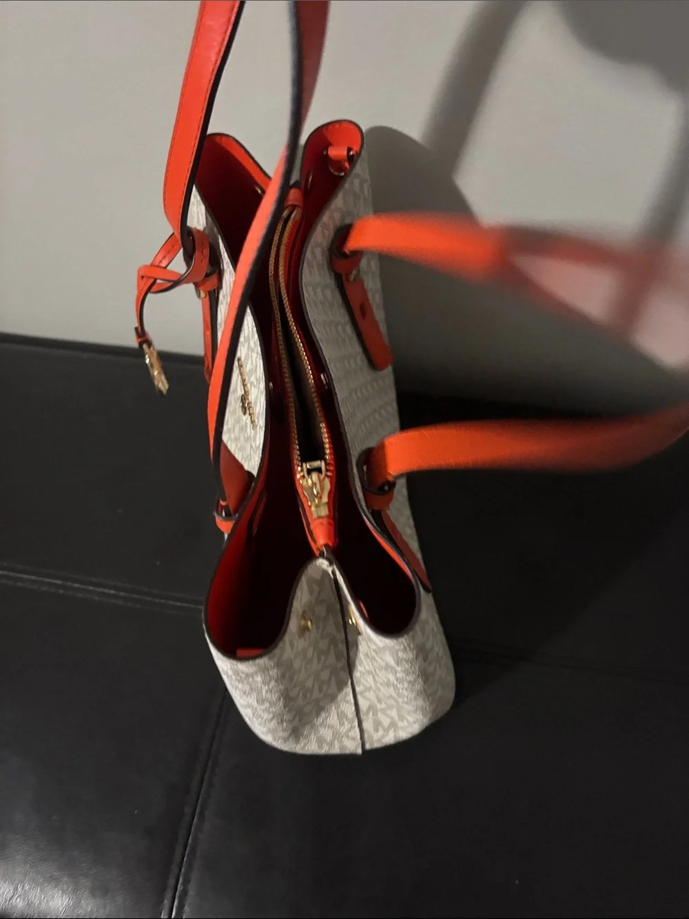 Michael Kors Signature Logo Tote in Vanilla with Orange Trim